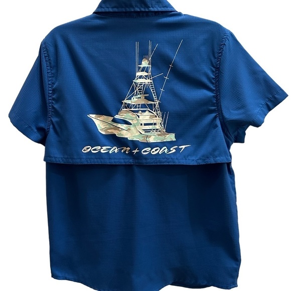Ocean + Coast Boys Fishing Button Shirt Blue Ship Boat Size 7 - Picture 4 of 5